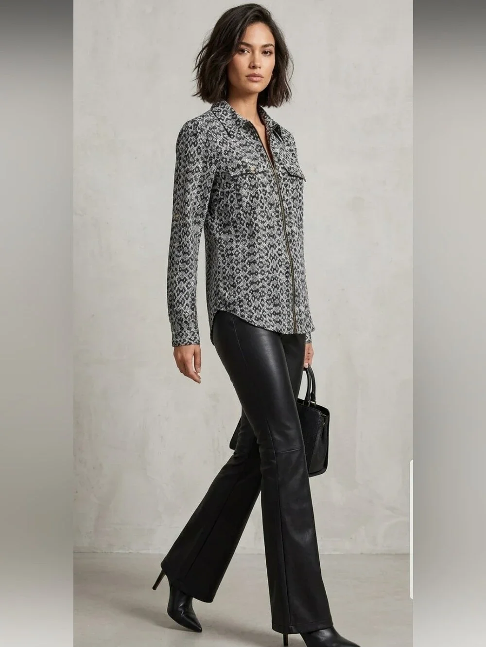 Michael Kors Black & White Patterned Front-Zip Utility Blouse - Medium
